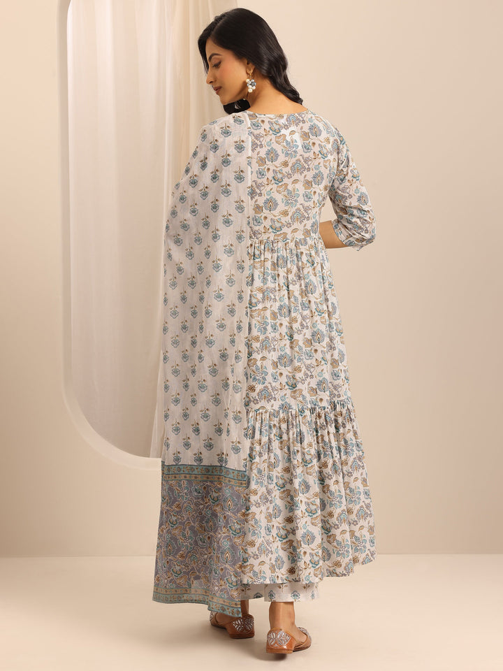 White Printed Cotton Blend Anarkali Suit Set With Dupatta