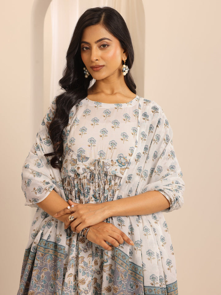 White Printed Cotton Blend Anarkali Suit Set With Dupatta