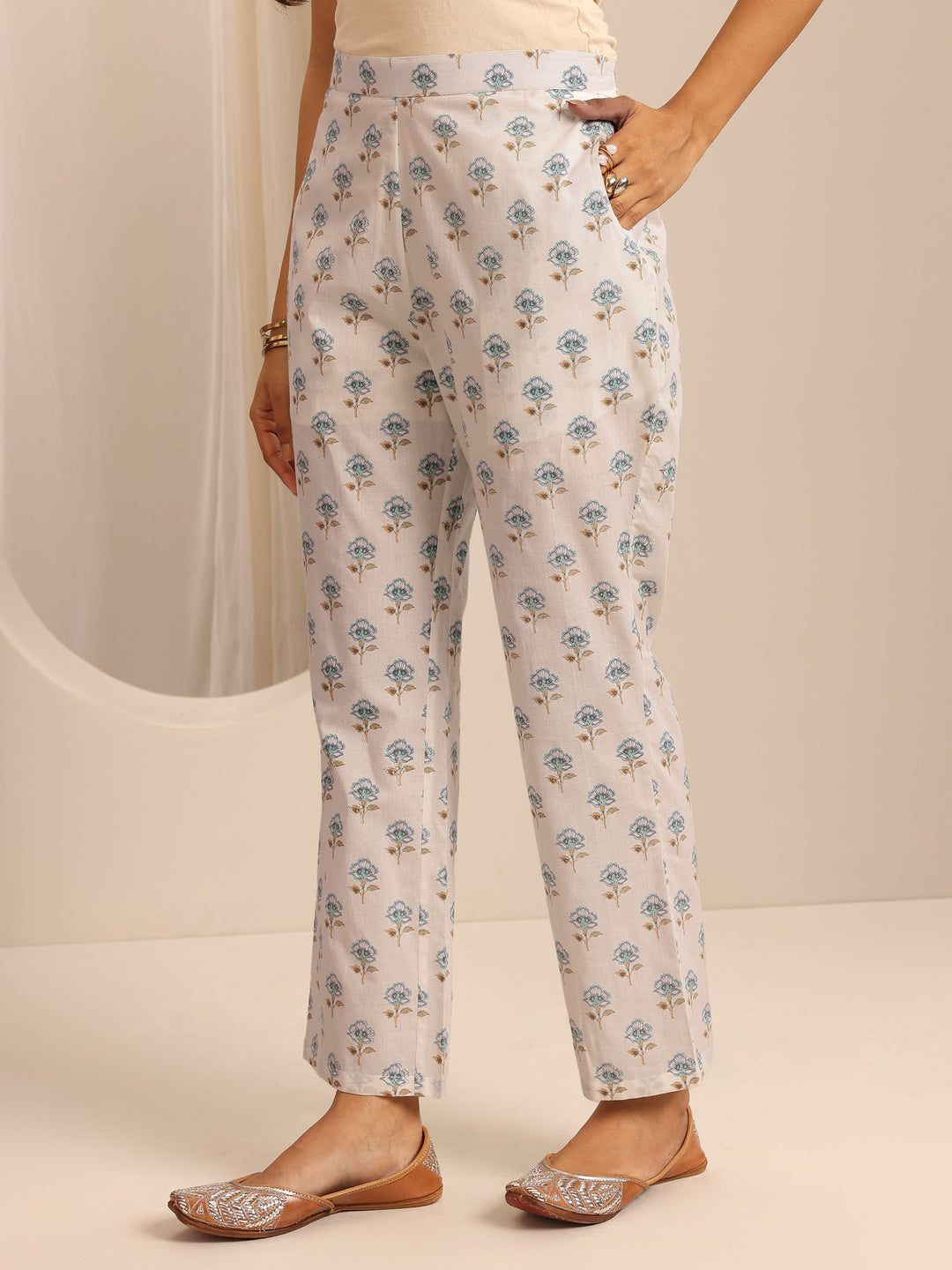 White Printed Cotton Blend Anarkali Suit Set With Dupatta