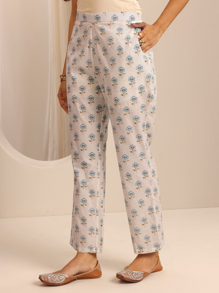 White Printed Cotton Blend Anarkali Suit Set With Dupatta