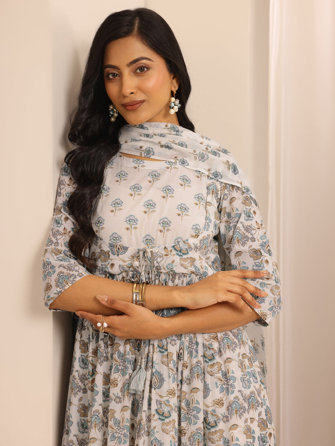 White Printed Cotton Blend Anarkali Suit Set With Dupatta