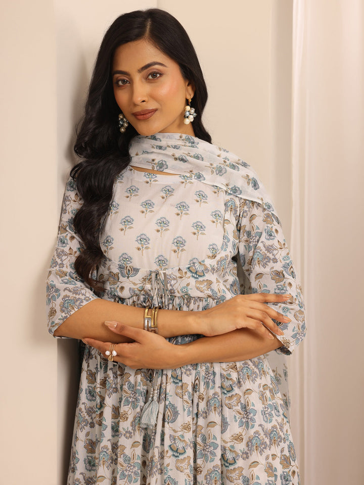 White Printed Cotton Blend Anarkali Suit Set With Dupatta
