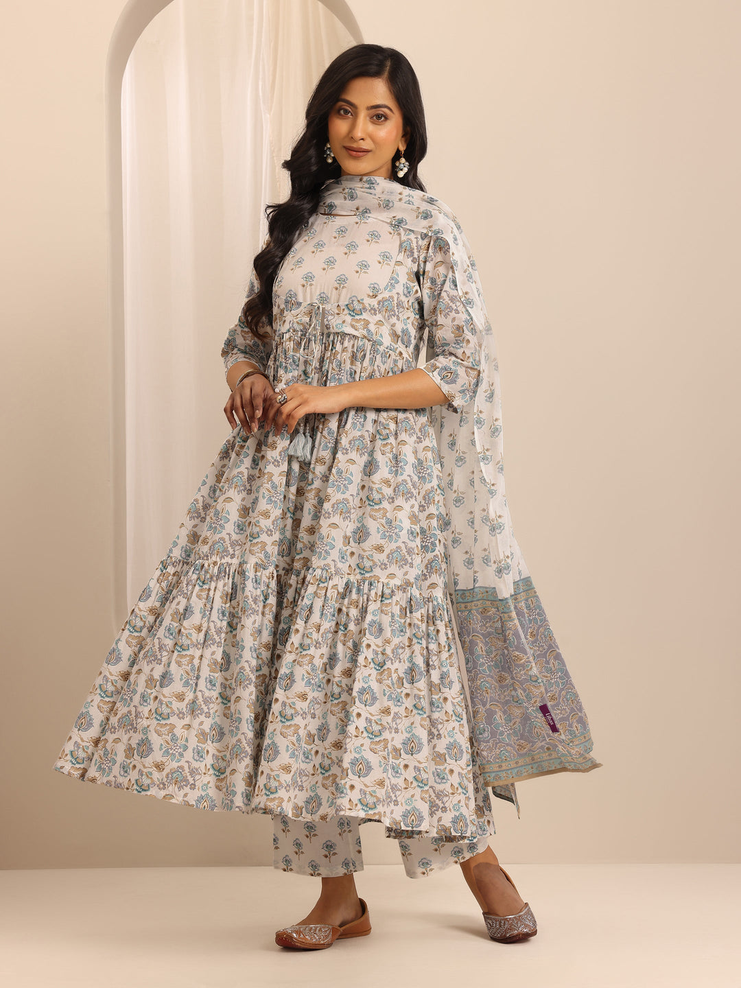White Printed Cotton Blend Anarkali Suit Set With Dupatta