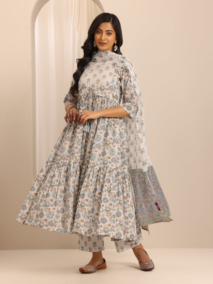White Printed Cotton Blend Anarkali Suit Set With Dupatta