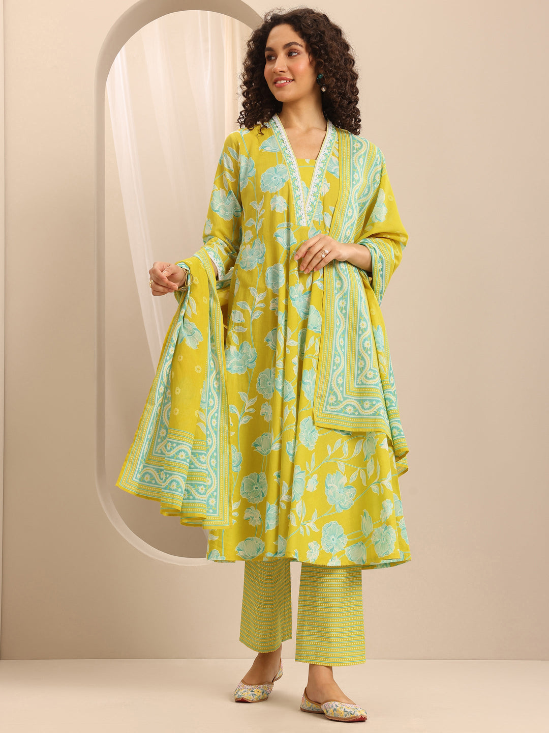 Yellow Printed Cotton Blend Anarkali Suit Set With Dupatta