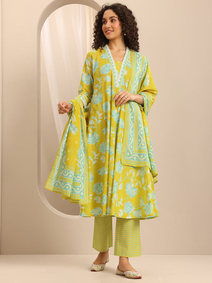 Yellow Printed Cotton Blend Anarkali Suit Set With Dupatta