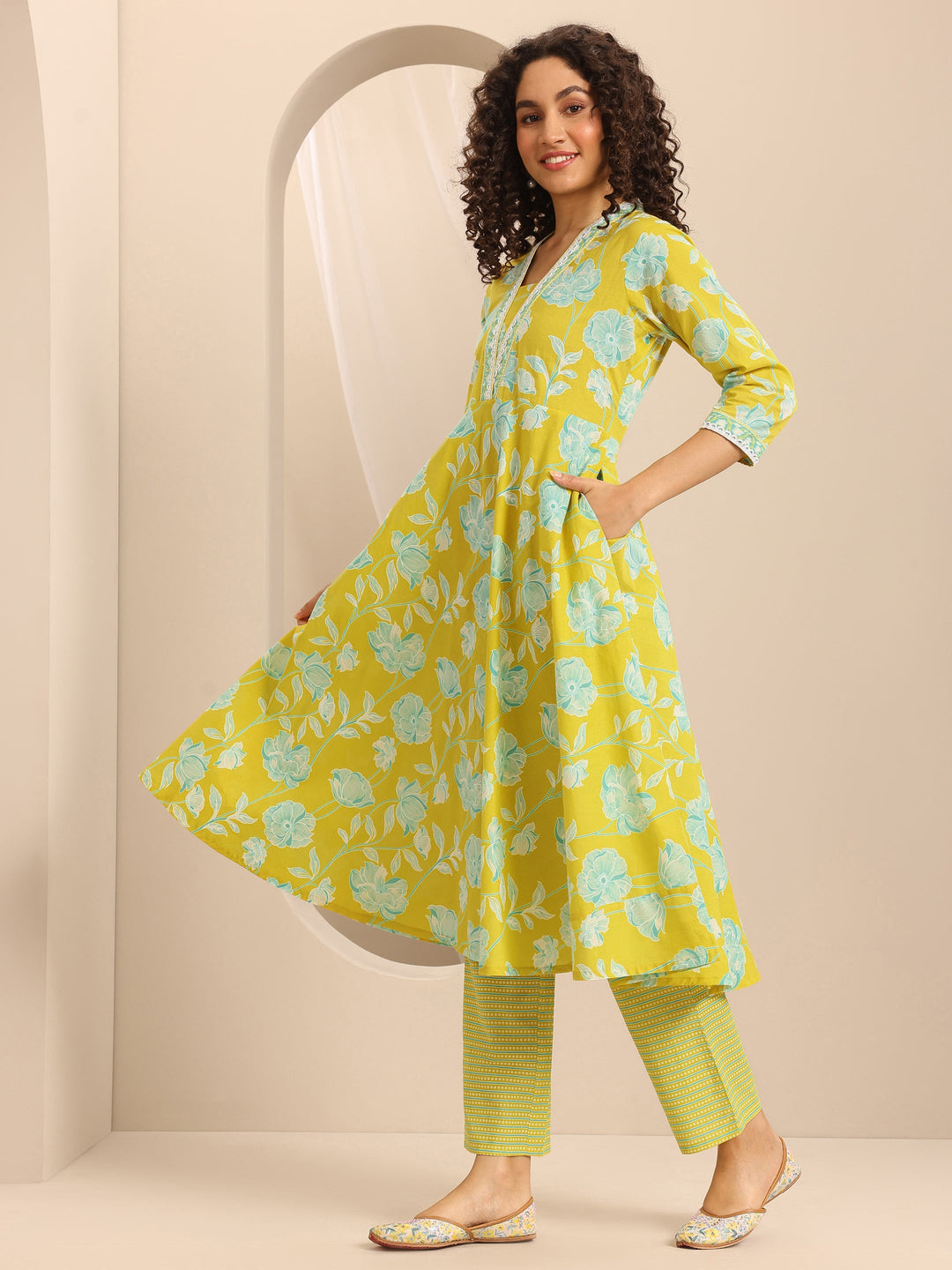 Yellow Printed Cotton Blend Anarkali Suit Set With Dupatta