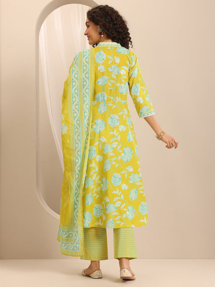 Yellow Printed Cotton Blend Anarkali Suit Set With Dupatta