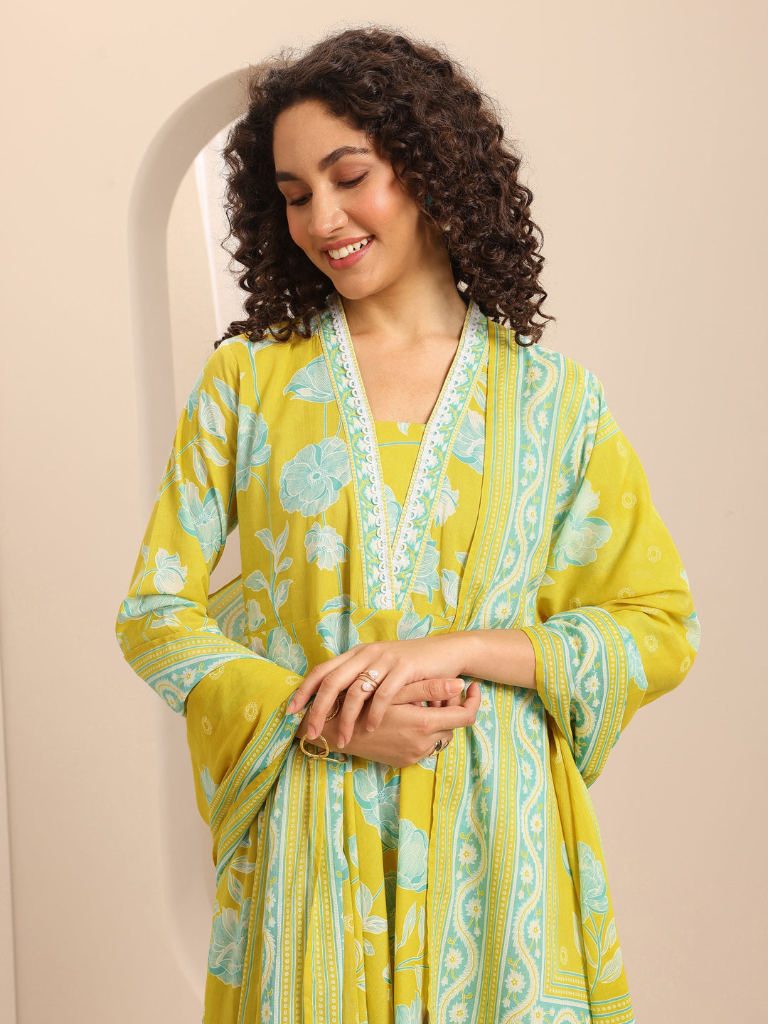 Yellow Printed Cotton Blend Anarkali Suit Set With Dupatta