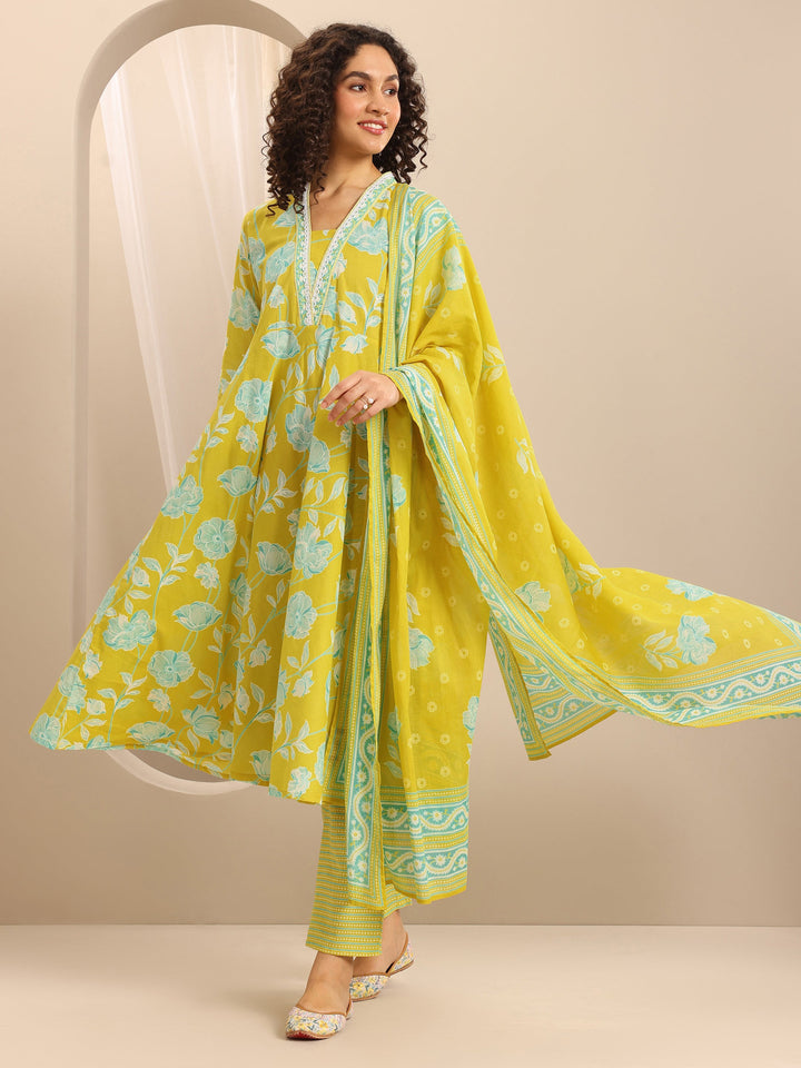 Yellow Printed Cotton Blend Anarkali Suit Set With Dupatta