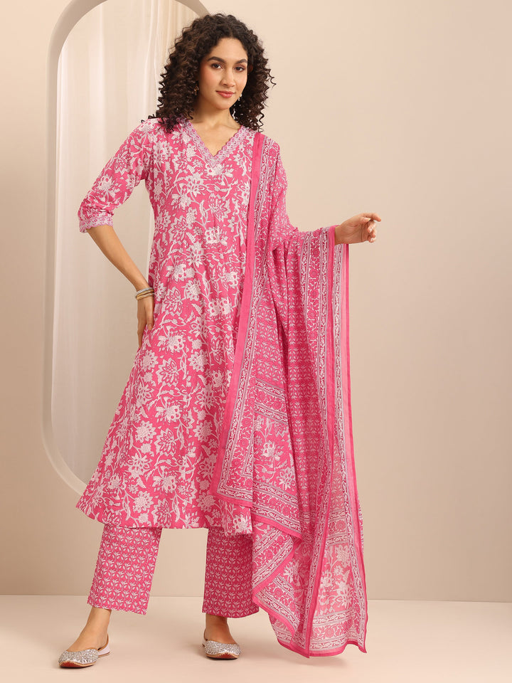 Pink Printed Cotton Blend Anarkali Suit Set With Dupatta