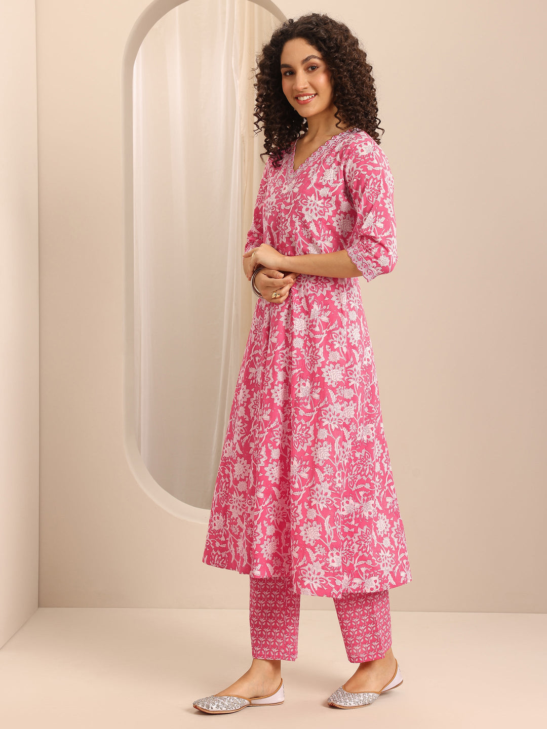 Pink Printed Cotton Blend Anarkali Suit Set With Dupatta