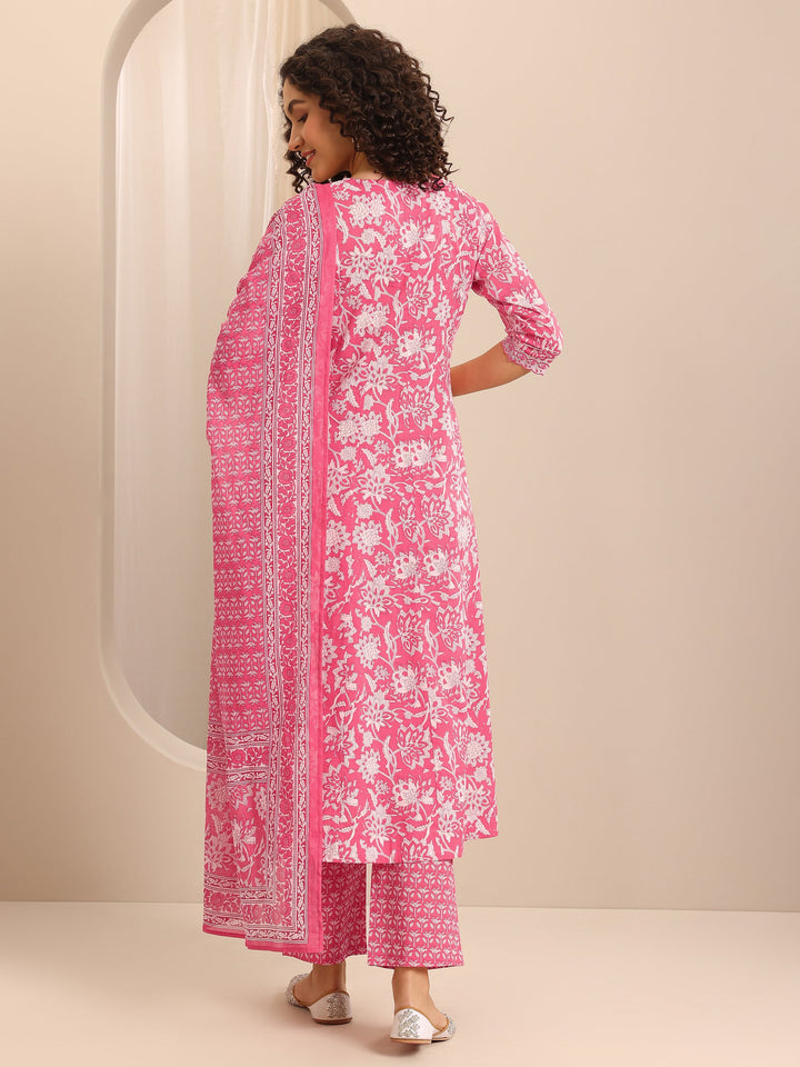 Pink Printed Cotton Blend Anarkali Suit Set With Dupatta