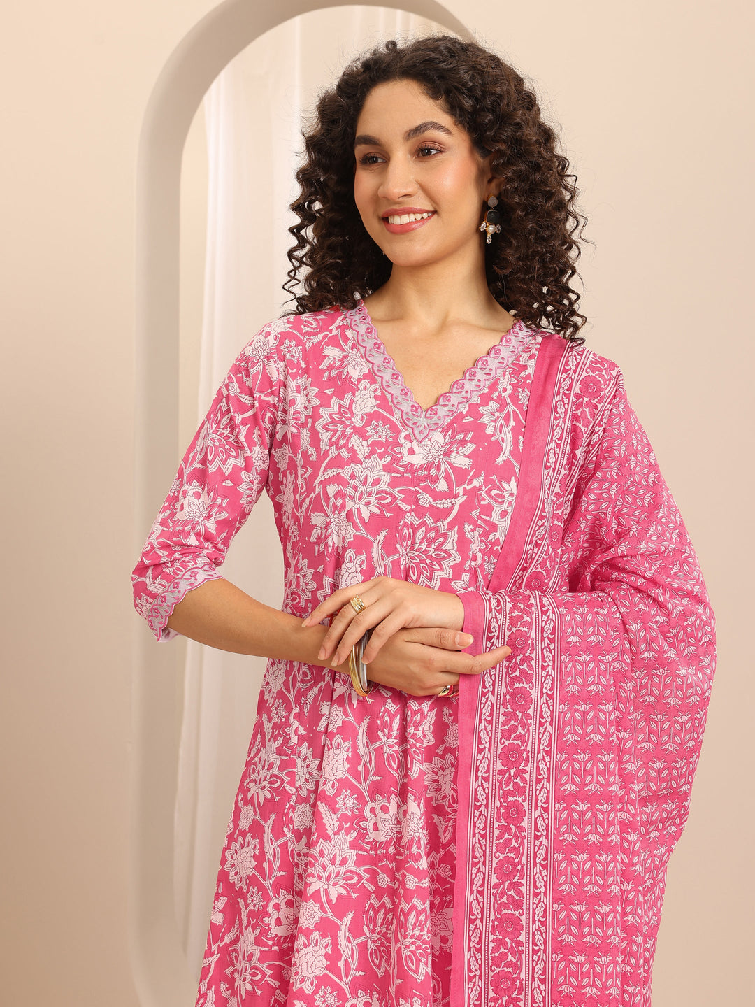 Pink Printed Cotton Blend Anarkali Suit Set With Dupatta