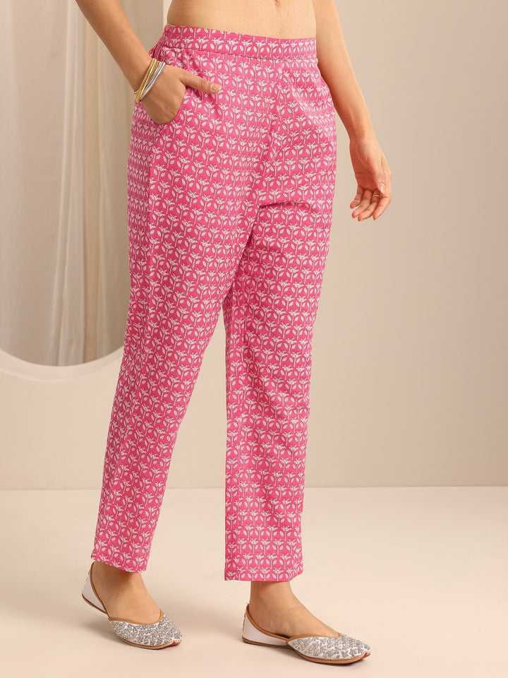 Pink Printed Cotton Blend Anarkali Suit Set With Dupatta