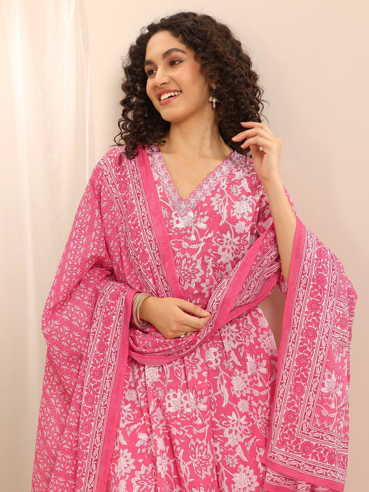 Pink Printed Cotton Blend Anarkali Suit Set With Dupatta