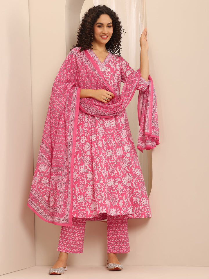 Pink Printed Cotton Blend Anarkali Suit Set With Dupatta