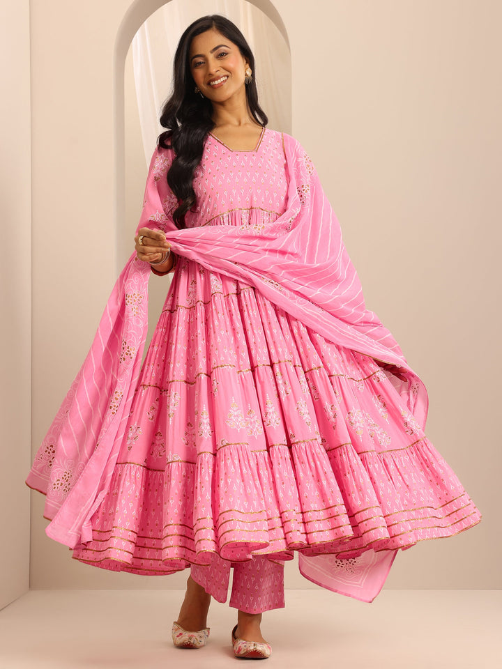 Pink Printed Cotton Blend Anarkali Suit Set With Dupatta
