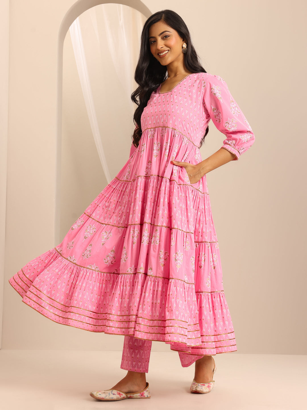 Pink Printed Cotton Blend Anarkali Suit Set With Dupatta