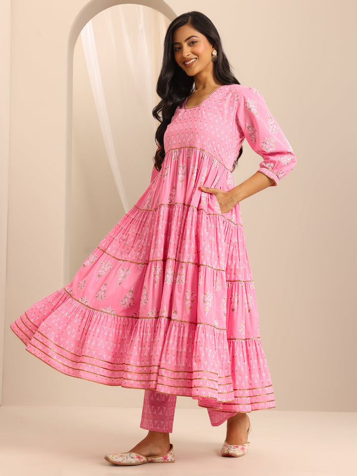 Pink Printed Cotton Blend Anarkali Suit Set With Dupatta