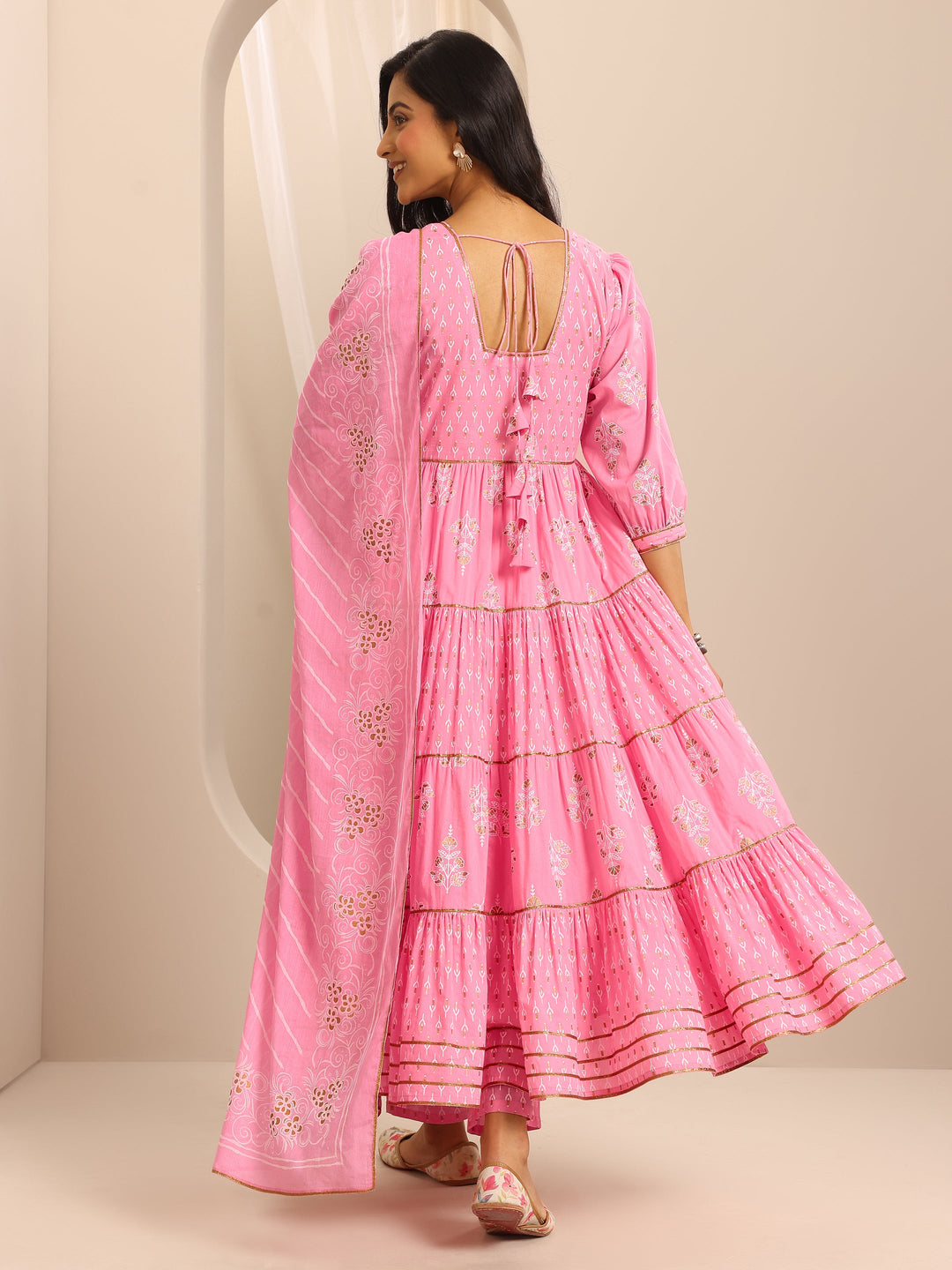 Pink Printed Cotton Blend Anarkali Suit Set With Dupatta