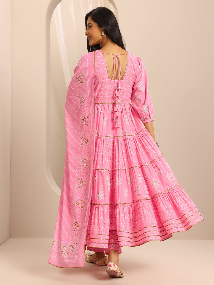 Pink Printed Cotton Blend Anarkali Suit Set With Dupatta