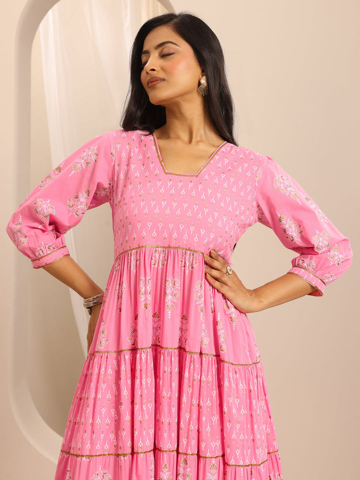Pink Printed Cotton Blend Anarkali Suit Set With Dupatta