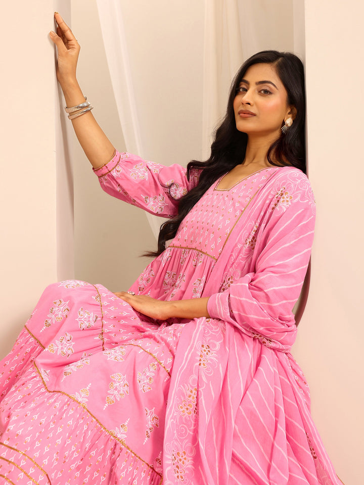 Pink Printed Cotton Blend Anarkali Suit Set With Dupatta