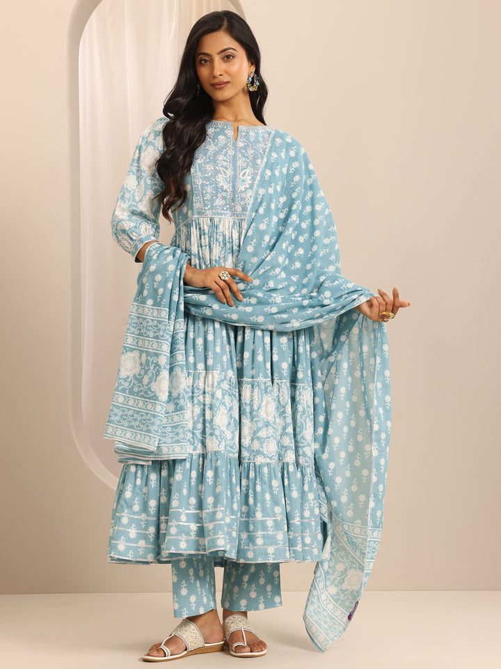 Blue Printed Cotton Blend Anarkali Suit Set With Dupatta