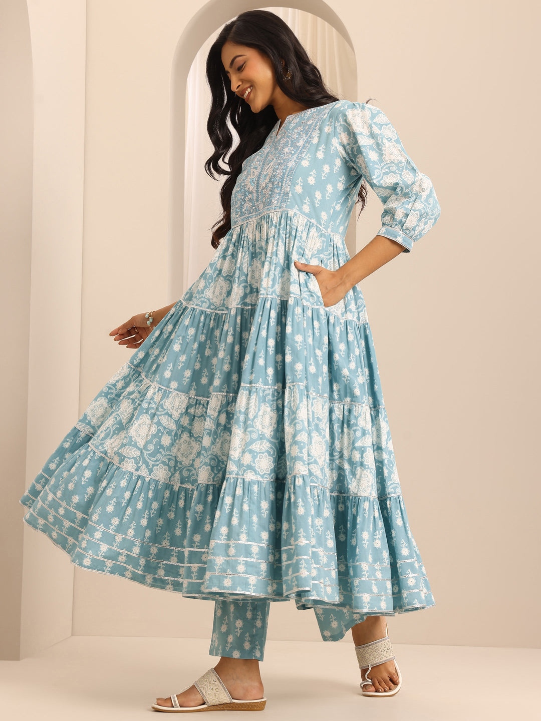 Blue Printed Cotton Blend Anarkali Suit Set With Dupatta