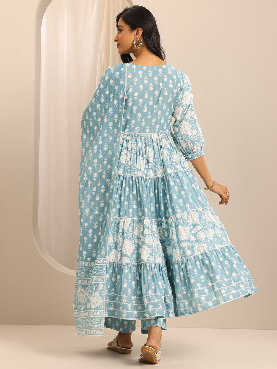 Blue Printed Cotton Blend Anarkali Suit Set With Dupatta