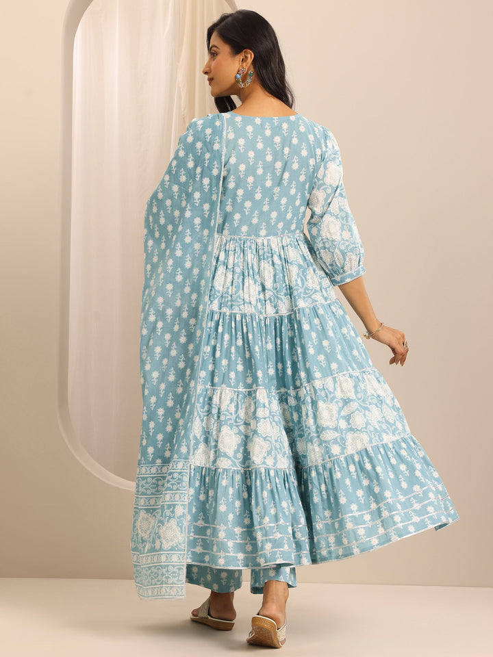 Blue Printed Cotton Blend Anarkali Suit Set With Dupatta