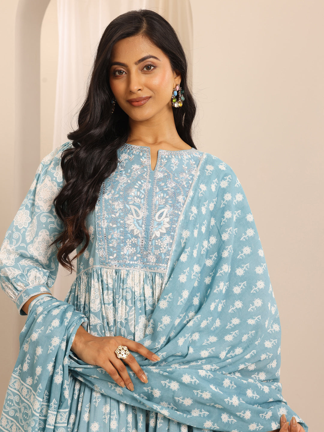 Blue Printed Cotton Blend Anarkali Suit Set With Dupatta