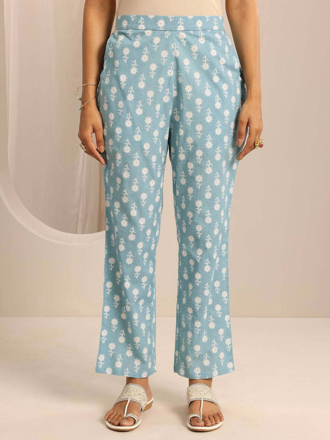 Blue Printed Cotton Blend Anarkali Suit Set With Dupatta