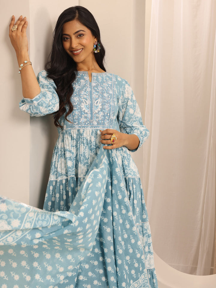 Blue Printed Cotton Blend Anarkali Suit Set With Dupatta