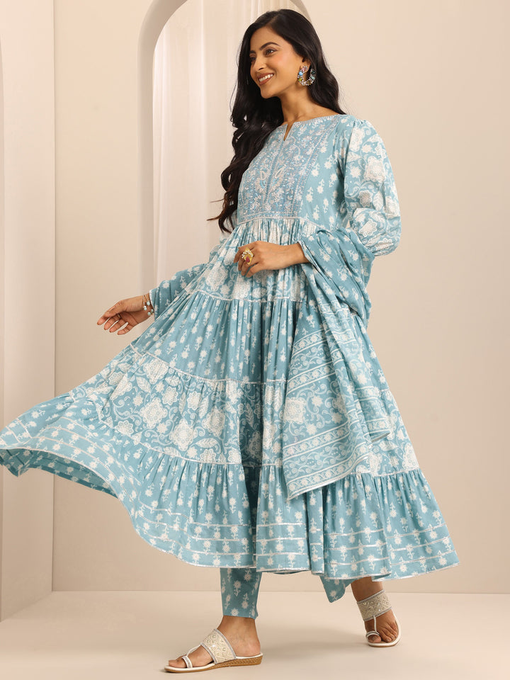 Blue Printed Cotton Blend Anarkali Suit Set With Dupatta