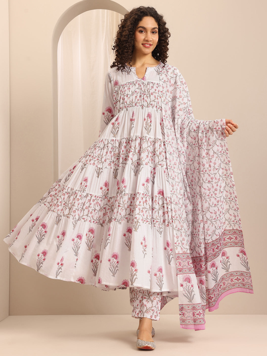 White Printed Cotton Blend Anarkali Suit Set With Dupatta