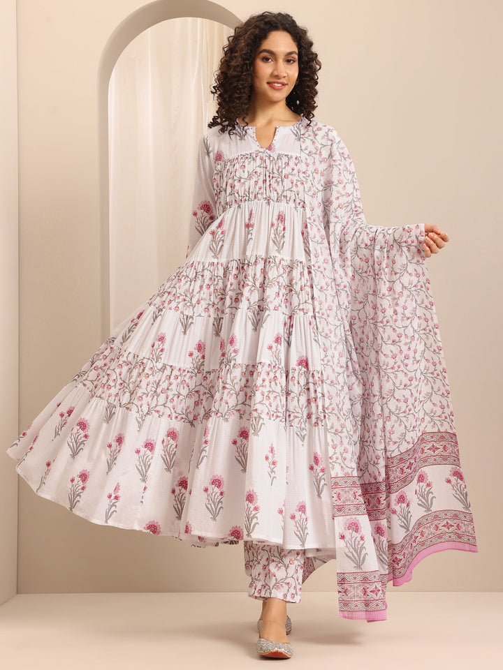 White Printed Cotton Blend Anarkali Suit Set With Dupatta