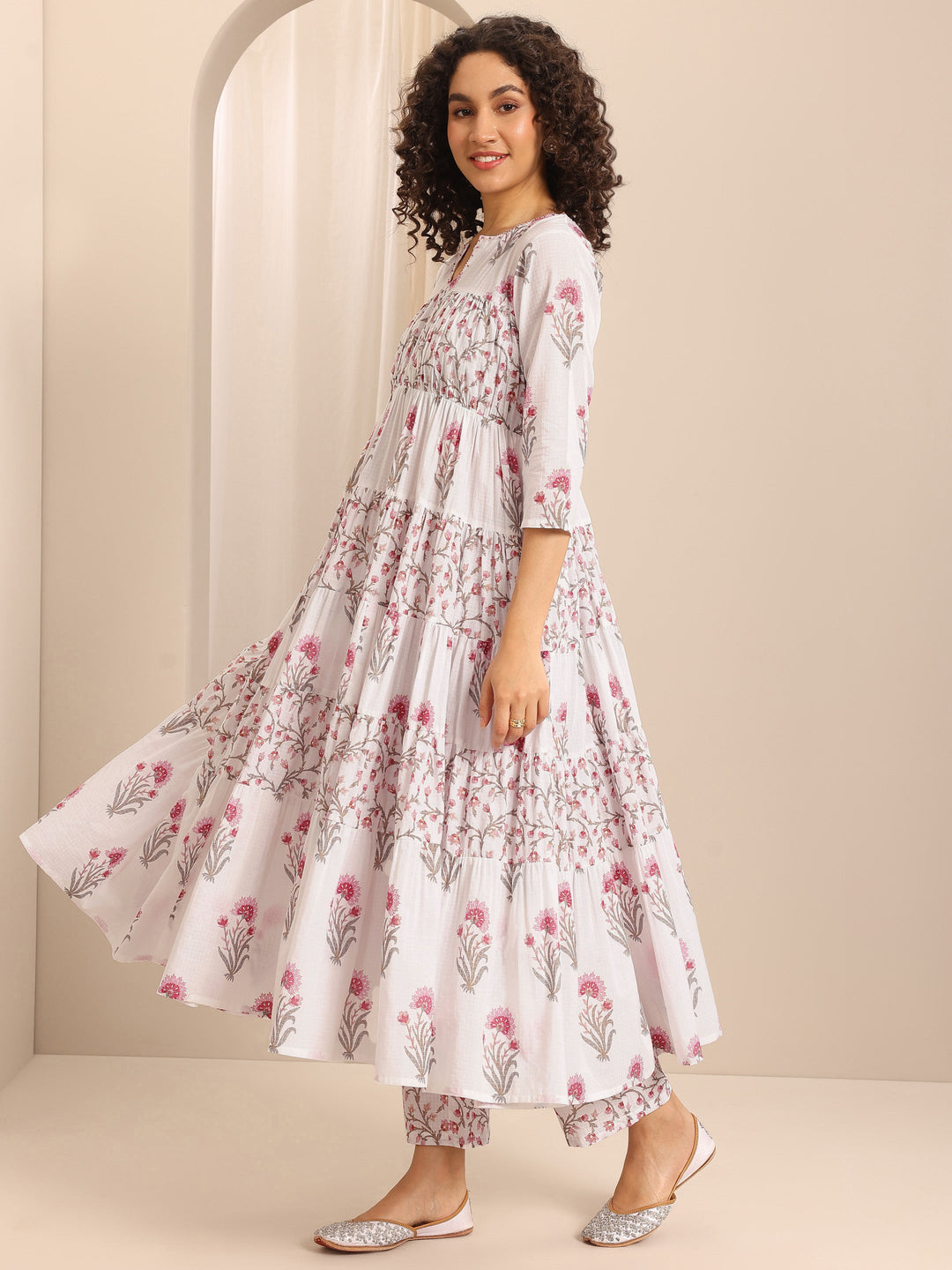 White Printed Cotton Blend Anarkali Suit Set With Dupatta
