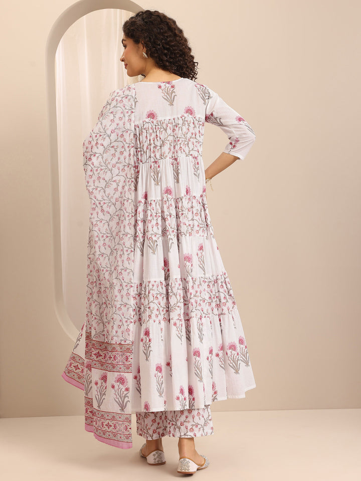 White Printed Cotton Blend Anarkali Suit Set With Dupatta