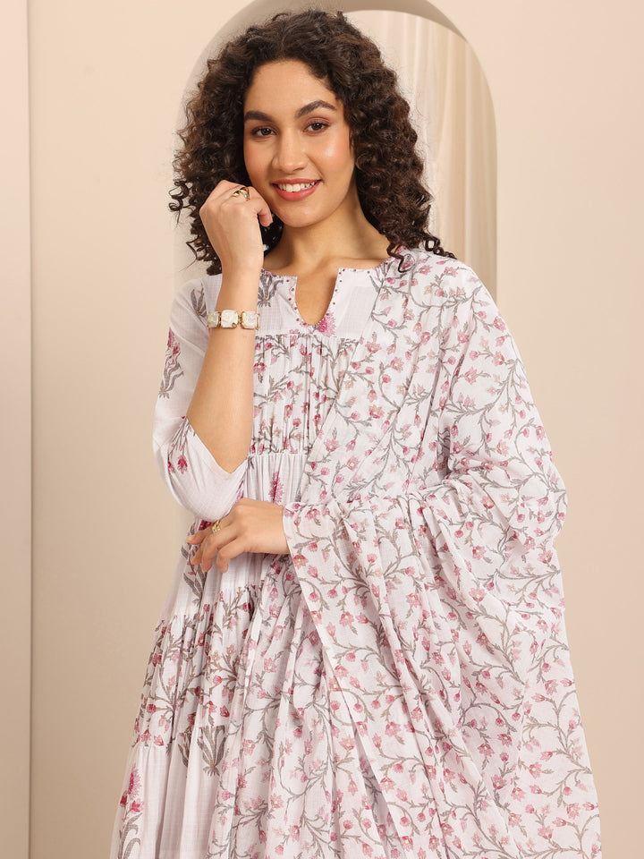 White Printed Cotton Blend Anarkali Suit Set With Dupatta