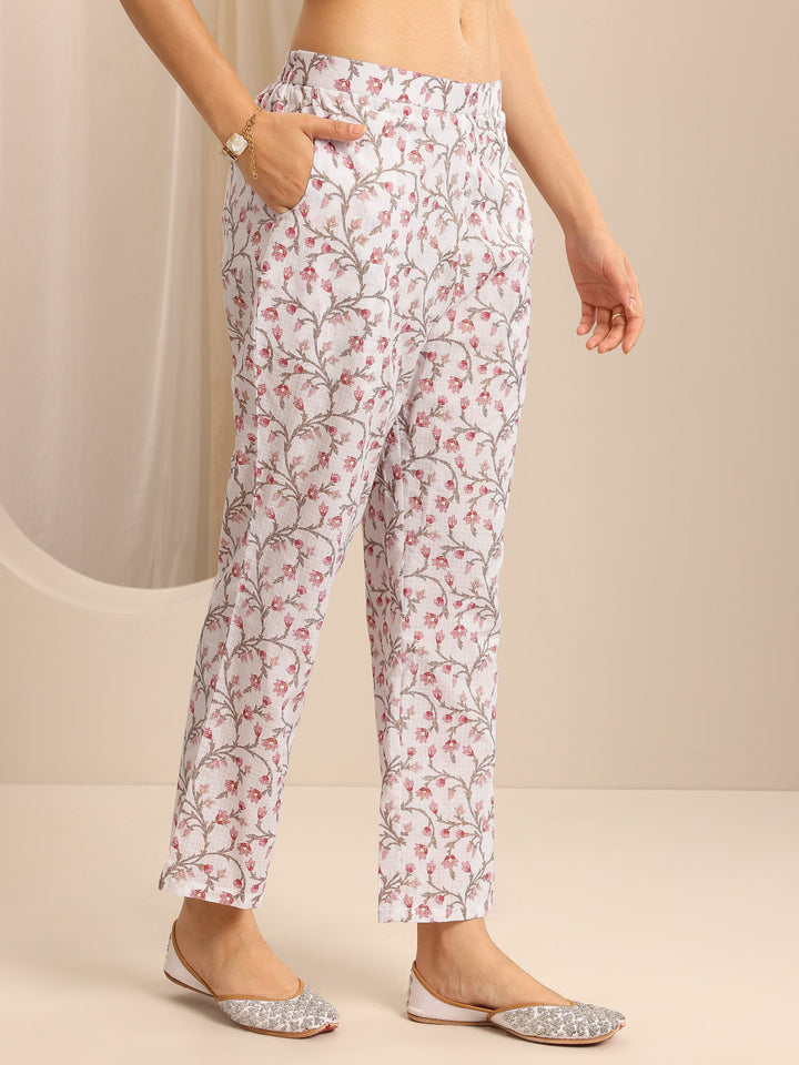 White Printed Cotton Blend Anarkali Suit Set With Dupatta