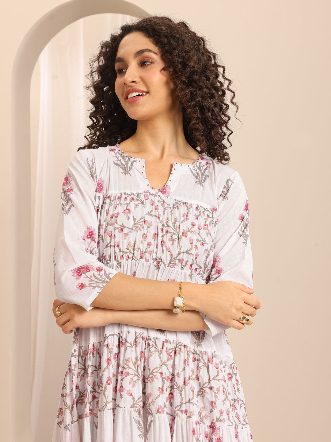 White Printed Cotton Blend Anarkali Suit Set With Dupatta