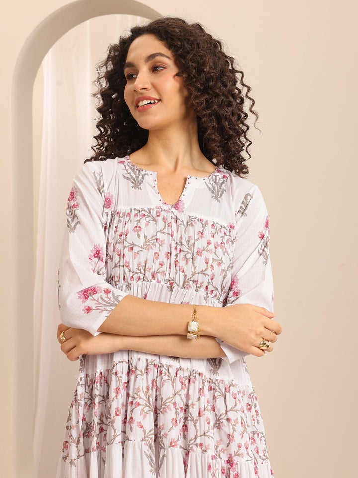 White Printed Cotton Blend Anarkali Suit Set With Dupatta