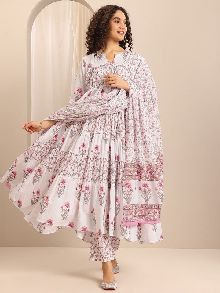 White Printed Cotton Blend Anarkali Suit Set With Dupatta