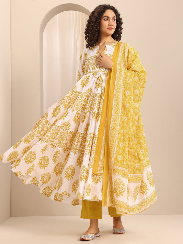 Yellow Printed Cotton Blend Anarkali Suit Set With Dupatta