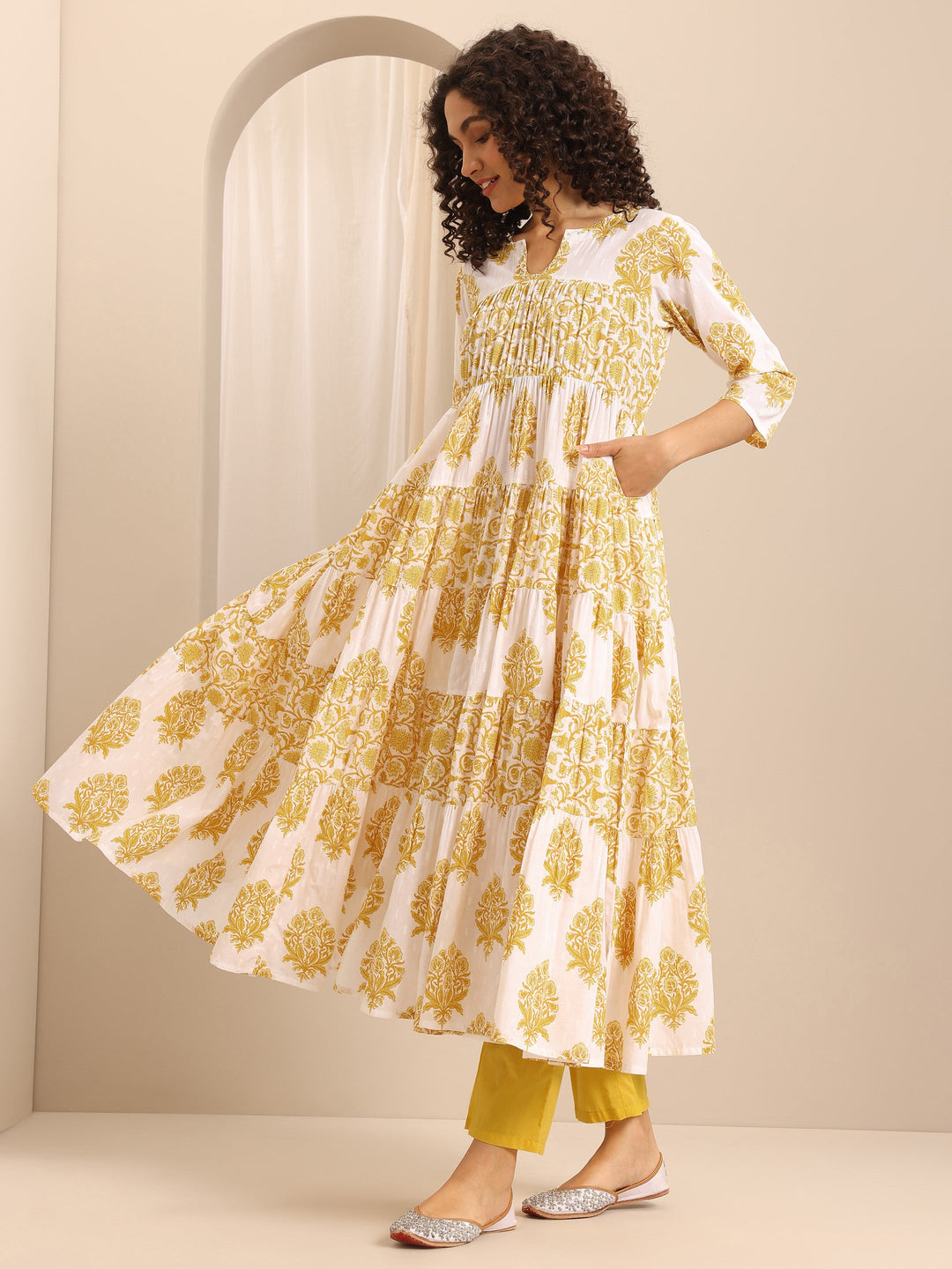 Yellow Printed Cotton Blend Anarkali Suit Set With Dupatta