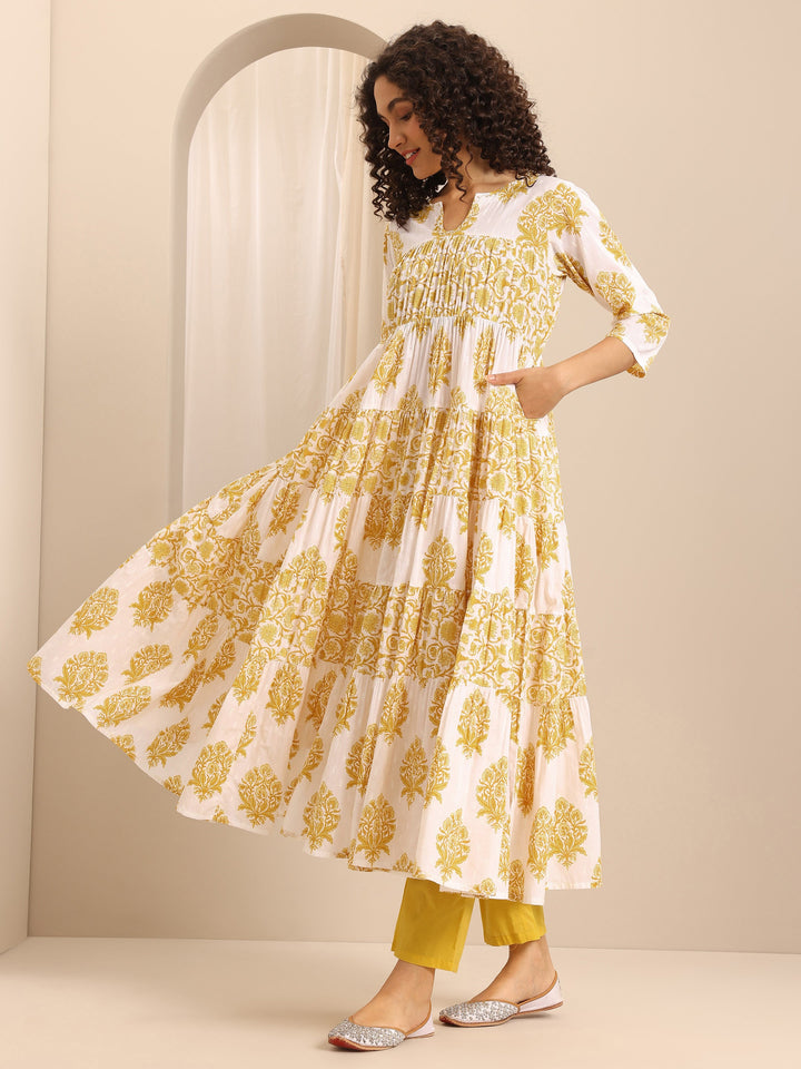 Yellow Printed Cotton Blend Anarkali Suit Set With Dupatta