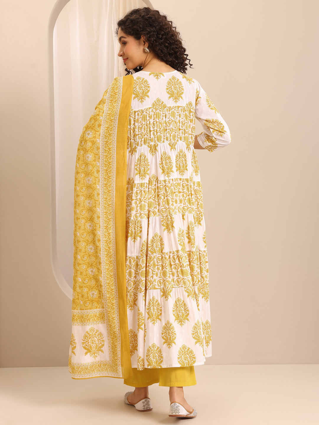 Yellow Printed Cotton Blend Anarkali Suit Set With Dupatta
