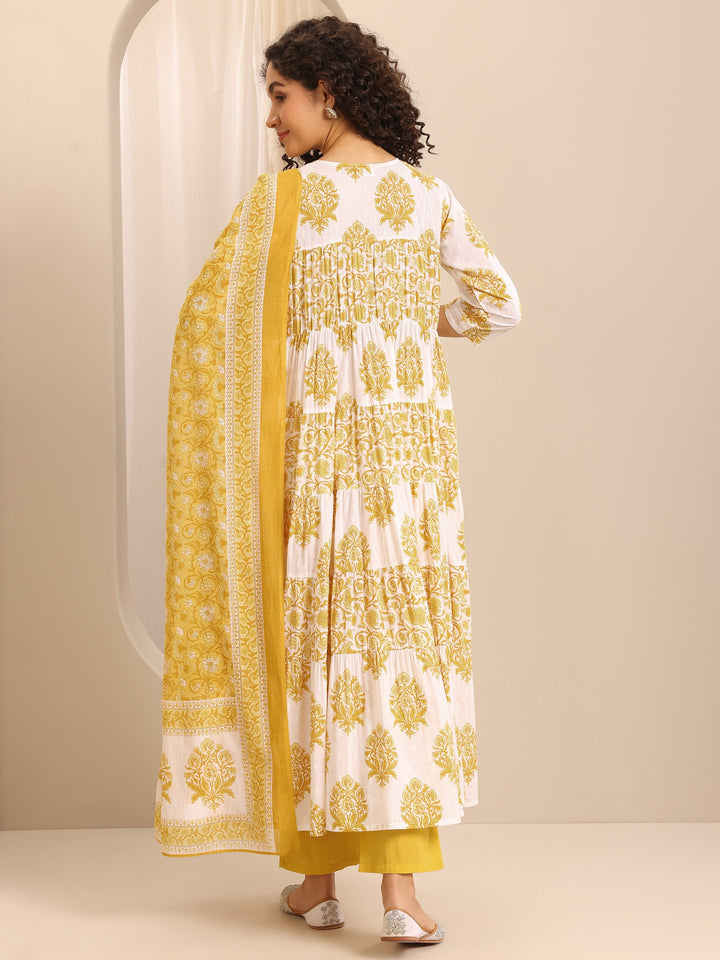 Yellow Printed Cotton Blend Anarkali Suit Set With Dupatta